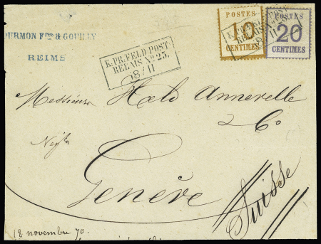 Alsace-Lorraine n°5 + 6 OBL CAD rect "K. PR. Feld-post relais n°25" (18.11.70) sur devant de lettre de Reims pour Genève. TB