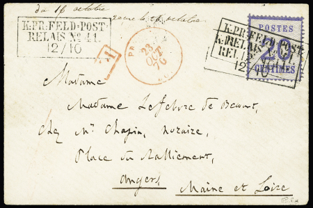 Alsace-Lorraine n°6 , 20c bleu, OBL CAD rectangulaire "K. PR. Feld Post relais n°41" (12.10.70) répété à côté sur lettre pour Angers avec arrivée. TB