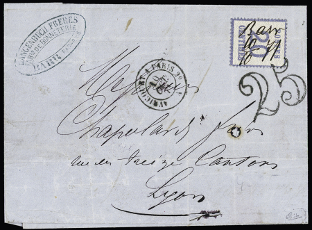 Alsace-Lorraine n°6 OBL de fortune manuscrite "Barr 10.10.71" sur lettre pour Lyon avec taxe 25 double-trait en noir + CAD ambulant "Avricourt à Paris 2°". TB