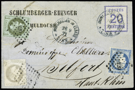 Double affranchissement : n°25 + 27 + 37 OBL PC du GC 420 (Belfort) + Alsace-Lorraine n°6 OBL CAD bleu "Mulhausen im Elsass" (26.9.71) sur lettre de Mulhouse pour Belfort. TB