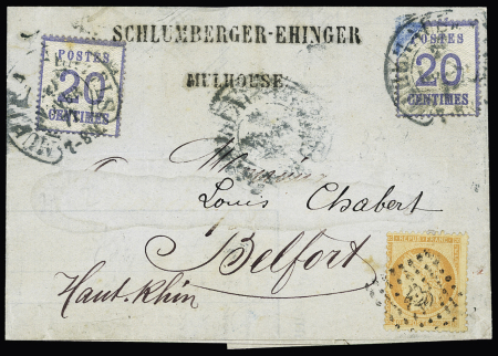 N°38 OBL PC du GC 420 + Alsace-Lorraine n°6, 2 pièces OBL fer à cheval "Mulhausen i Elsass" (1871) sur lettre de Mulhouse pour Belfort. TB