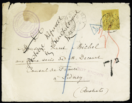 N°92 OBL CAD "Paris école de médecine" (1883) sur lettre pour l'Australie avec CAD "Sydney" au recto et mentions de retour à l'envoyeur. TB