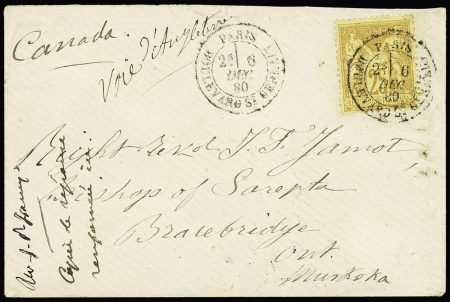 N°92 OBL CAD "Paris boulevard Saint Germain" (1880) sur lettre pour le Canada avec mention manuscrite "Voie d'Angleterre" - transit Londres au verso. TB