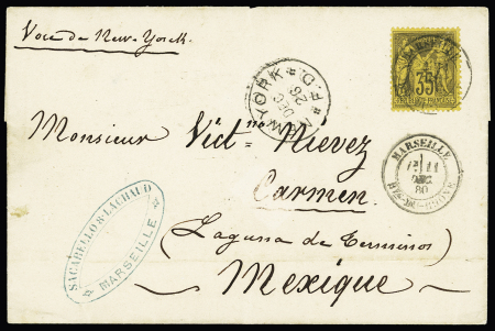 N°93, 35c violet-noir sur jaune OBL Marseille (1880) seul sur lettre pour le Mexique avec au recto CAD "New-York FD". TB