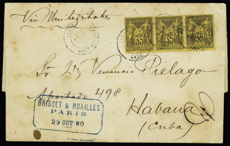 N°93 en bande de 3  OBL CAD "Paris gare du nord" (1880) sur lettre pour la Havane avec mention manuscrite "Via United States". TB