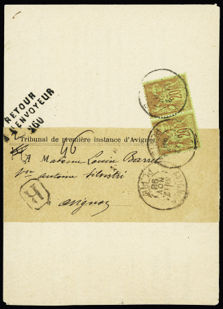 N°96, 20c brique sur vert en paire OBL Avignon (1898) sur circulaire locale recommandée sur bande avec griffe noire "retour à l'envoyeur 260". TB