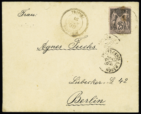 N°97 OBL CAD perlé type 25 "Tripoli Barbarie" (1888) répété à côté sur lettre pour Berlin avec arrivée au verso. TB