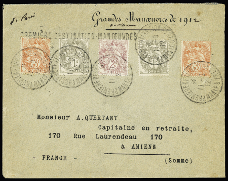 N°107, 2 pièces + 108 + 109, 2 pièces, OBL CAD 1 cercle "Première destination manœuvres" (11.9.1912 - Grandes manœuvres de l'Ouest) + griffe idem sur lettre. TB
