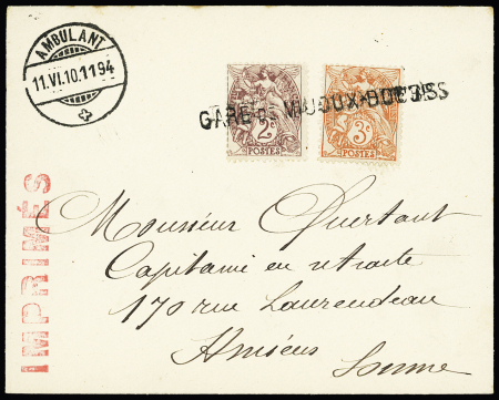 N°108 + 109 OBL linéaire "Gare de Mijoux - Doubs" + CAD suisse "ambulant" (1910 - service frontalier franco-suisse) sur lettre au tarif imprimés. TB