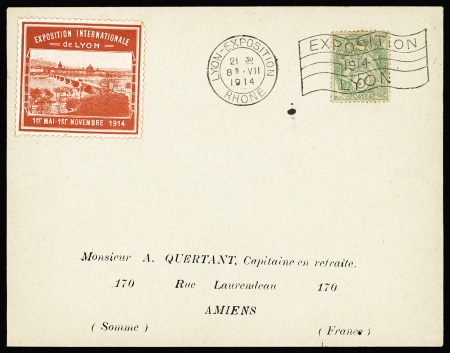 N°111 OBL mec "Lyon exposition Rhone" (8.7.14) avec flamme drapeau "Exposition 1914 Lyon" sur lettre avec vignette rouge de l'expo. Sur lettre (beaucoup plus rare sur lettre que sur carte postale). TB