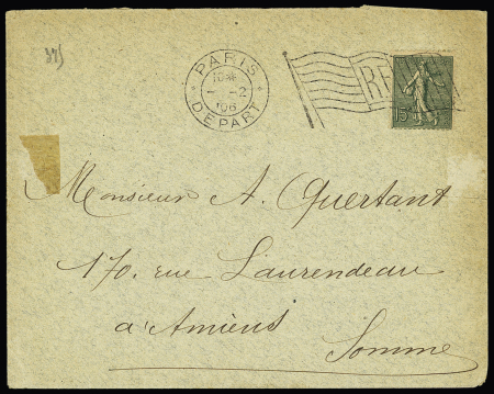 Semeuse lignée n°130 OBL mécanique avec flamme drapeau "Paris départ" (fev 1906 - tardif) sur lettre. TB