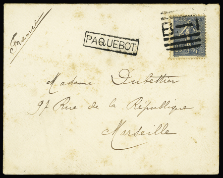 N°132 OBL "B1" de Bombay + griffe encadrée "Paquebot" sur lettre pour Marseille avec au verso CAD de Bombay (1907). TB