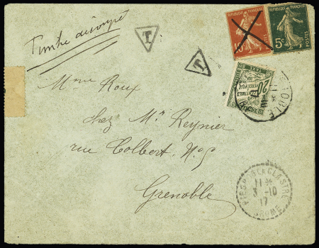 N°138, entier postal découpé utilisé comme timbre-poste annulé croix à la plume (non admis) sur lettre avec timbre taxe n°31 (taxation pour usage abusif d'un entier découpé). Peu courant. TB