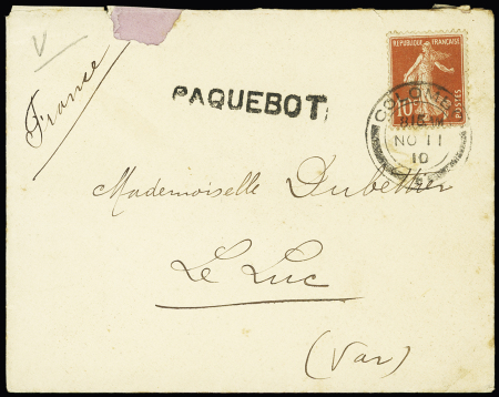 N°138 OBL CAD "Colombo" (1910 - Ceylan) + griffe "Paquebot" sur lettre - (Salles n°2202 - tome 6). TB