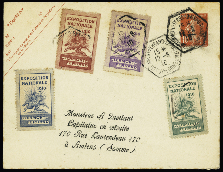 Env. entier postal n°138 OBL rare CAD hexagonal "Clermont-Ferrand exposition Puy de Dome" (12.8.1910) avec 4 vignettes de l'expo de couleurs diff. TB