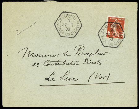 N°138 (LD) OBL CAD hex "Asile départemental Pierrefeu Var" (1908) avec levée centrale, répété à côté sur lettre. TB