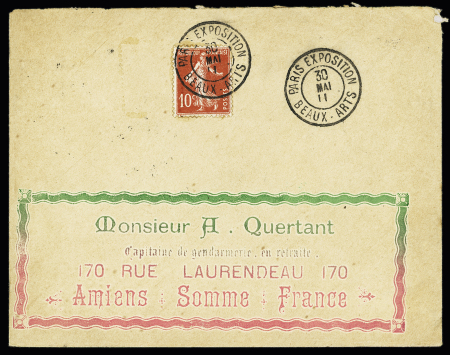 N°138 OBL CAD 2 cercles "Paris exposition Beaux-Arts" (1911) - le cachet de l'expo de 1900 fut réutilisé les années suivantes, il est beaucoup plus rare que celui de 1900) sur lettre. TB