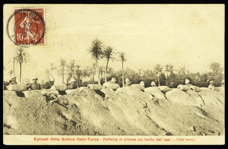 N°138 OBL CAD perlé type 25 "Tripoli Barbarie" (1912) sur carte postale avec scène de la guerre italo-turque. TB