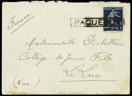 N°140, 25c bleu, OBL griffe encadrée "Paquebot" sur lettre d'Australie avec au verso CAD "CPO Adelaïde - SA" (1907). Rare et TB