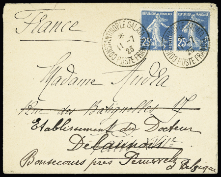 N°140 en paire OBL CAD 1 cercle "Constantinople Galata poste francse" (1923) sur lettre. Rare sur timbre de France non surchargé. TB