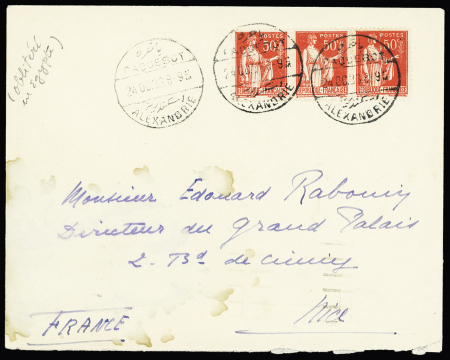 N°283, 50c Paix en bande de 3 OBL CAD bilingue français-arabe "Paquebot Alexandrie" (1933) sur lettre. TB