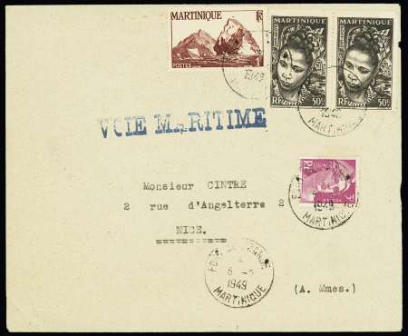 N°806, 3F rose-lilas en mixte avec Martinique n°228 en paire + n°230 OBL Fort de France (6.2.49) sur lettre avec griffe bleue "voie maritime" (période de transition). TB