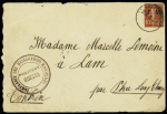 FM n°5 OBL CAD "Colombo Paquebot" (1924) sur lettre avec cachet violet "Compagnie des messageries maritimes - paquebot Odessa" adressée à Lam (Tonkin). Rare et TB
