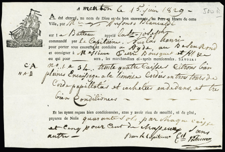 Connaissement maritime de Menton pour Agde (1829) illustré d'un vaisseau. TB