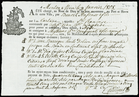 Connaissement maritime de Nice pour Agde (1808) illustré d'un vaisseau (diff du lot précédent). TB