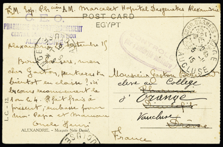 Carte postale en franchise avec CAD "Corr d'armées Alexandrie FR" (25 sept 15) + griffe noire "CEO Pharmacie d'approvisionnement centre d'hospitalisation Alexandrie"