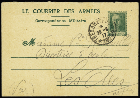 Carte-lettre FM avec simili-timbre bleu effigie du Général Nivelle OBL "Trésor et postes 192" (1917). Rare. (Nivelle fut limogé rapidement après la désastreuse offensive du Chemin des Dames). TB