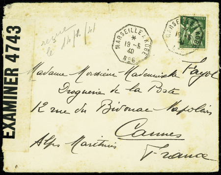 N°432, 1F Iris, OBL octo "Marseille à Kobé n°6" (19.5.40) sur lettre du paquebot d'Artagnan en route vers Saïgon avec censure anglaise "Examiner 4743". TB