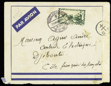 Levant n°49 OBL grand CAD à pont "Poste aux armées FFL BCM 4" (1943 - Le Caire) sur lettre par avion pour Djibouti censurée avec au verso vignette France Libre (Coq). TB