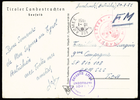 Carte postale en franchise d'Innsbruck avec CAD "Poste aux armées" (1951) + cachet violet "Pour trahir un mot imprudent peut suffire"