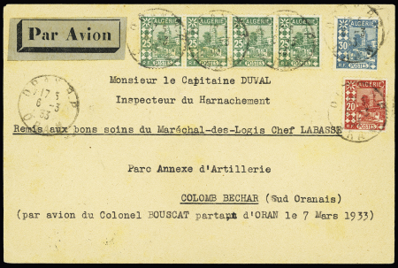 7/11-3-1933 Oran-Colomb Béchar par le colonel Bouscat (Muller n°34 Algérie). Rare et TB