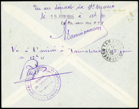 16.6.1935 1ère liaison aérienne Sainte-Marie Tamatave par les frères Genet-lettre aff. Madagascar n°184 Marie et Tamatave (Muller n°52). 7 plis existants selon Muller et Saulgrain. TB