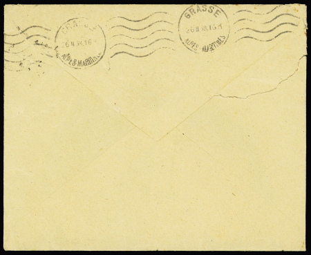 Env n°827 PTT des rebuts avec CAD "Dépôt central des rebuts Paris" (25.2.38) avec griffe violette "Service postal français correspondance retardée par accident d'avion. Prière de ne pas taxer" contenant un fragment
