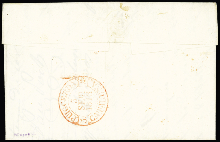 Lettre datée à l'intérieur de Saint Julia de Loria (2 sept 1843) pour Puigcerda avec au recto CAD rouge "Urgel Cataluna" et au verso CAD rouge Puigcerda Cataluna", signée V.Pothion. Jolie pièce. RR