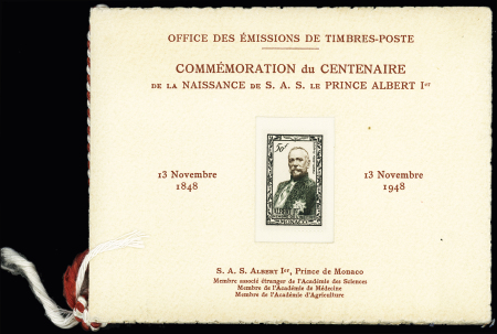Livret de luxe "Commémoration du centenaire de la naissance de SAS le prince Albert 1er avec timbres neufs Monaco n°324 à 331 + PA 36 à 41. TB