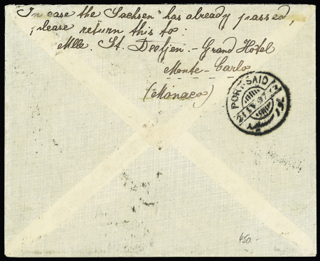Monaco n°16, 25c vert, OBL Monte-Carlo (1897) sur lettre pour un passager du paquebot allemand Sachsen à Port-Saïd, avec arrivée. TB