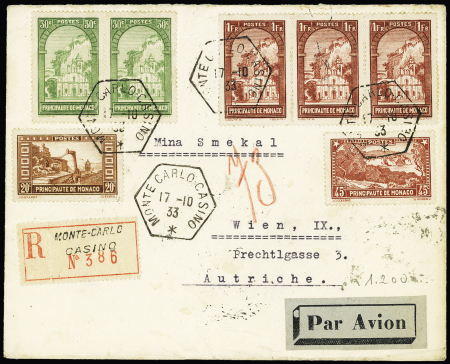 Monaco n°120 + n°123 + 122 en paire + 126 en bande de 3 OBL CAD hexagonal "Monte Carlo Casino" (1933) sur lettre recommandée avion pour Vienne (Autriche). TB