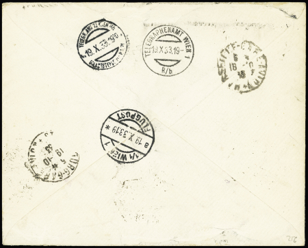 Monaco n°120 + n°123 + 122 en paire + 126 en bande de 3 OBL CAD hexagonal "Monte Carlo Casino" (1933) sur lettre recommandée avion pour Vienne (Autriche). TB