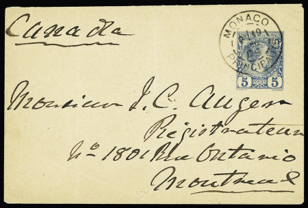 Entier postal petite env. 5c bleu Charles III (CHR C1) OBL "Monaco Principauté" (1899) pour le Canada, destination rare. TB
