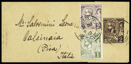 Entier postal bande 2c violet Albert 1er (ALB B1) avec Monaco n°11 + 12 OBL CAD "Monaco Principauté" (1912) adressée à Calcinaïa (Italie) avec arrivée. TB