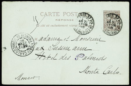 Entier carte postale 10c brun sur bleu Albert 1er (volet réponse - ALB E3) OBL "Paris 34 Bd Malsherbes n°101" (1898). Rare et TB