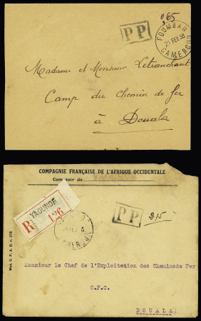 Camroun : 6 lettres de 1938 avec aff. de fortune en numéraire avec griffe "PP" encadrée noire de Douala, Foumban, Yaounde + Petite doc.
