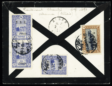 Cilicie n°69, 6 pièces + n°72, 2 pièces, OL Adana (1920) sur env. de deuil pour Alger avec arrivée. TB