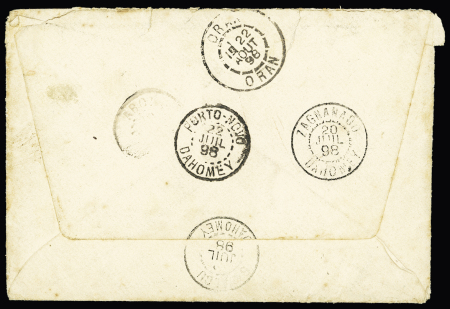 Dahomey : lettre en franchise avec mention manuscrite "Corps expéditionnaire du Borgou" rayée au crayon bleu, avec CAD "Carnotville Dahomey" (1898) et timbre-taxe n°33 OBL Saïda Oran. Au verso transits Porto-Novo et