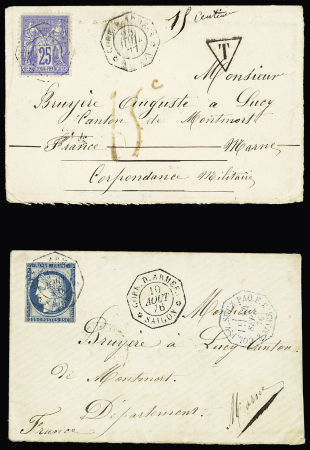 Indochine : 2 lettres : Col Gen n°23 OBL octo "Corr D.Armées Saïgon" (1876) et France n°78 (LD) OBL CAD octo "Corr d'armées Saïgon" (1877) + taxe tampon rouge 15c façon manuscrite. TB et B