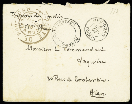 Indochine : lettre en franchise avec CAD "Phu-Dan Tonkin" (1904) + cachet noir "Poste de Phu Dan le commandant du poste". TB